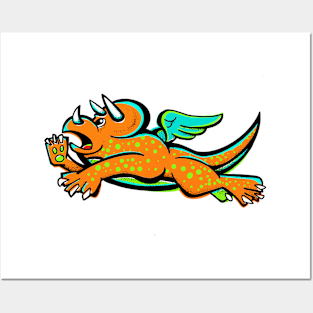 Flying Triceratops orange Posters and Art